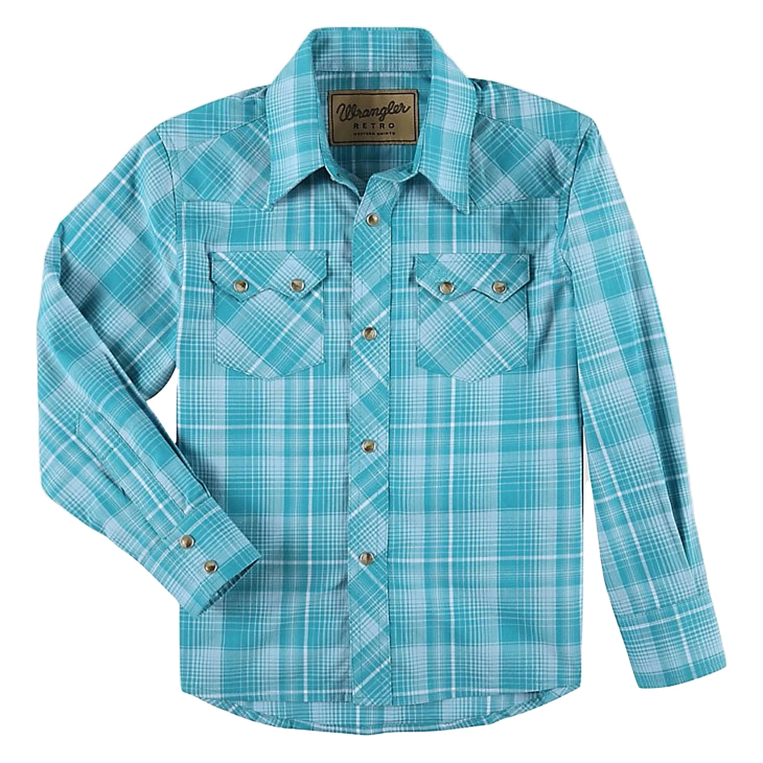 Wrangler Boy's Retro Teal Plaid Shirt 4 Wrangler Boy's Retro Teal Plaid Shirt - Image 2