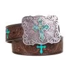 Girls Brown Belt With Turquoise Cross Buckle