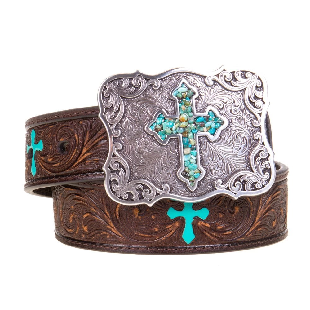 Girls Brown Belt With Turquoise Cross Buckle 3 Girls Brown Belt With Turquoise Cross Buckle