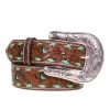 Youth Floral Tooled Belt With Turquoise Underlay And Buckstitch