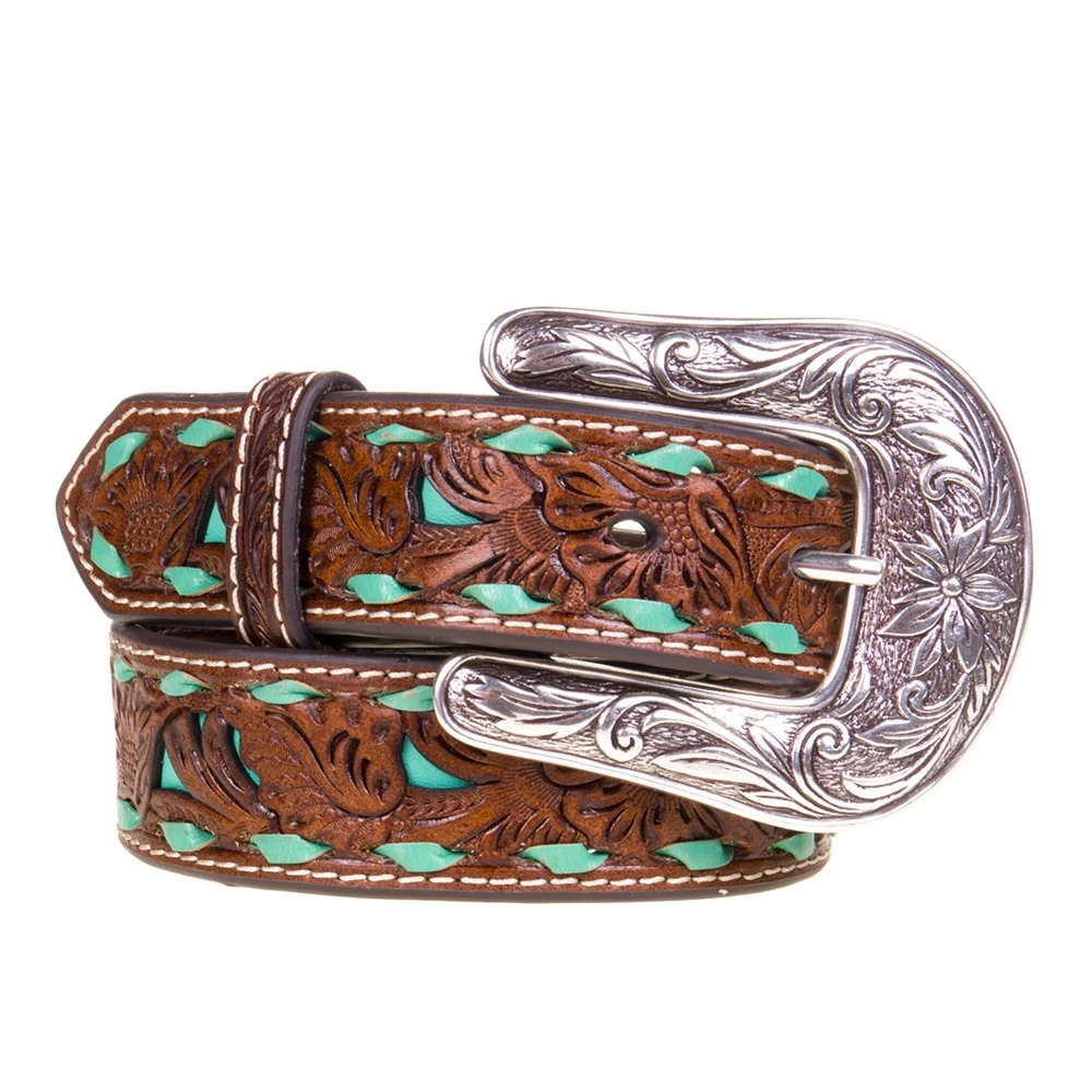 Youth Floral Tooled Belt With Turquoise Underlay And Buckstitch 3 Youth Floral Tooled Belt With Turquoise Underlay And Buckstitch