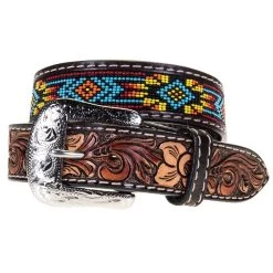 Western Fashion Kids Twisted X Beaded Belt With Floral Tooling