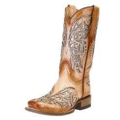 Corral Kids Tan Shiny Inlay Square Toe Cowgirl Boot