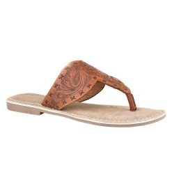 Roper Womens Tan Tooled Leather Thong Sandal