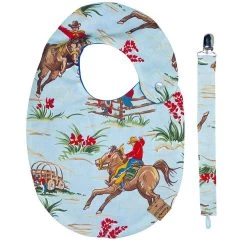 Cowboy Print Baby Bib And Pacifier Clip Set