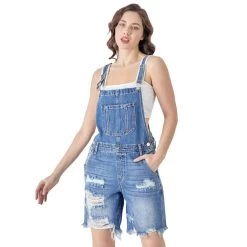Risen Jeans Women's Distressed Bermuda Overalls