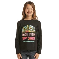 Rock & Roll Denim Cowgirl Basic Long Sleeve Tee With Graphic