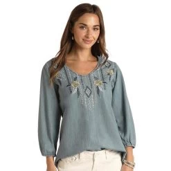 Panhandle Women's Embroidered Denim Peasant Top