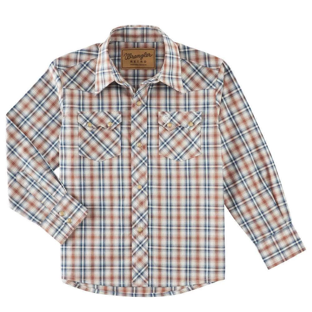 Wrangler Boy's Retro Brown Plaid Shirt 3 Wrangler Boy's Retro Brown Plaid Shirt