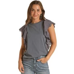 Panhandle Womens Navy Eyelet Ruffle Top