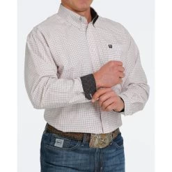 Cinch Mens White CHeckered Print Button Down Long Sleeve Shirt