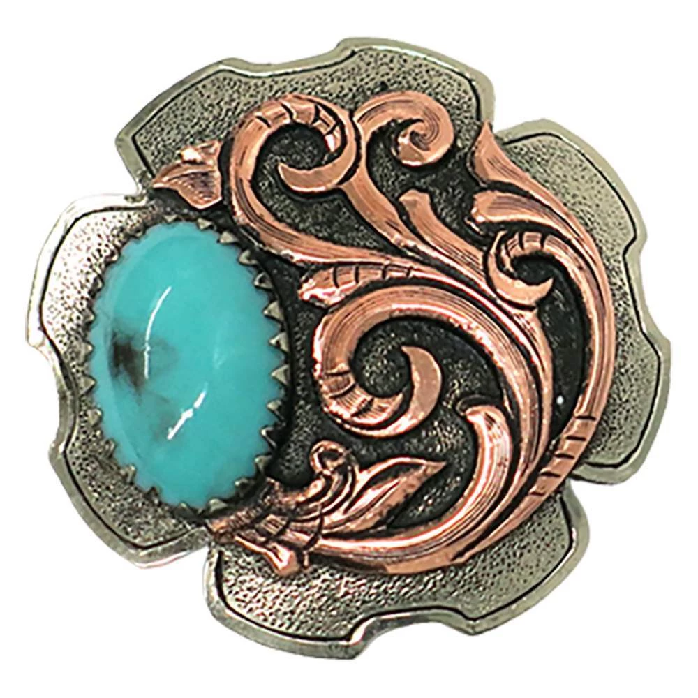 NRS Turquoise Stone Silver And Copper Scroll Saddle Concho Set 3 NRS Turquoise Stone Silver And Copper Scroll Saddle Concho Set