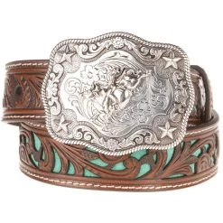Boys Brown Belt With Turquoise Inlay Scroll