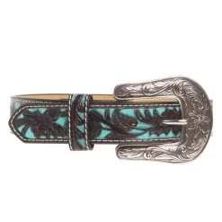 Youth Brown Floral Belt With Painted Turquoise Inlay