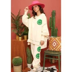 Fantastic Fawn Women's Smiley Face Cream Joggers -HORSE TACK Store IFKP51732 01 03