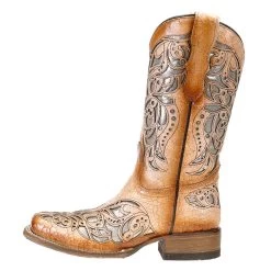 Corral Kids Tan Shiny Inlay Square Toe Cowgirl Boot -HORSE TACK Store T0104 2