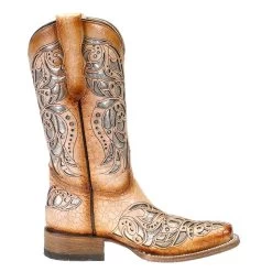 Corral Kids Tan Shiny Inlay Square Toe Cowgirl Boot -HORSE TACK Store T0104 4